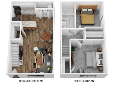 a stylized floor plan with a bedroom and a living room